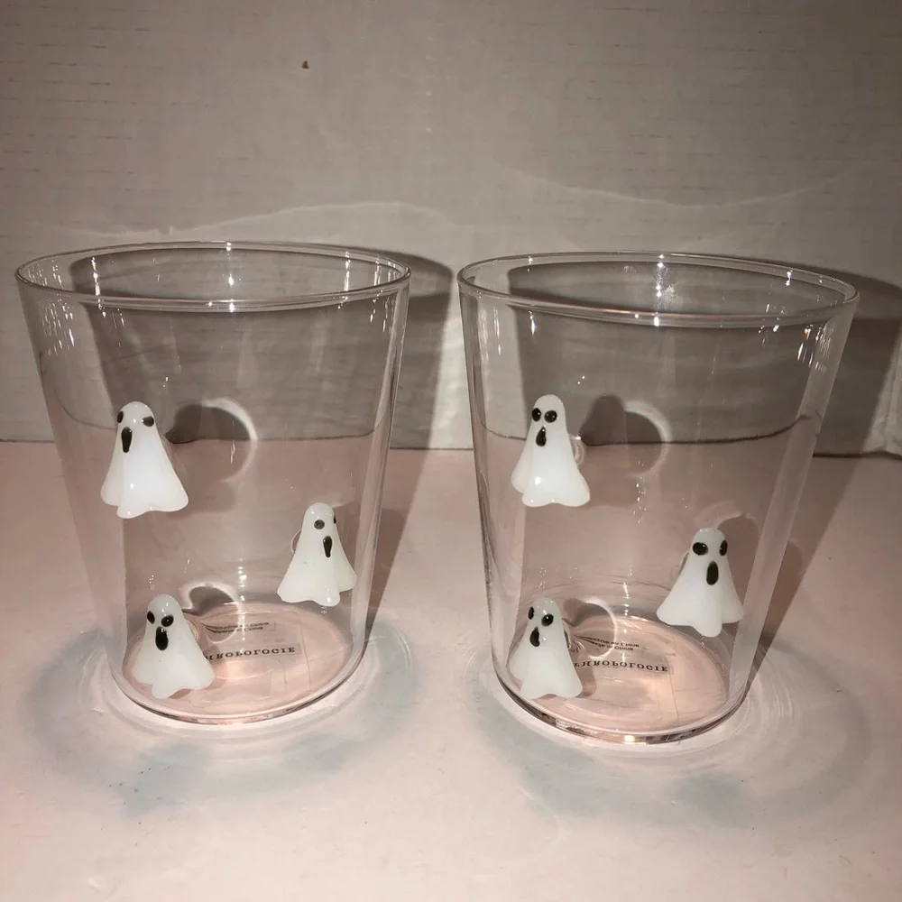 New Set of 2 Anthropologie Halloween 3D Ghost Icon Juice Mugs Cups Glass